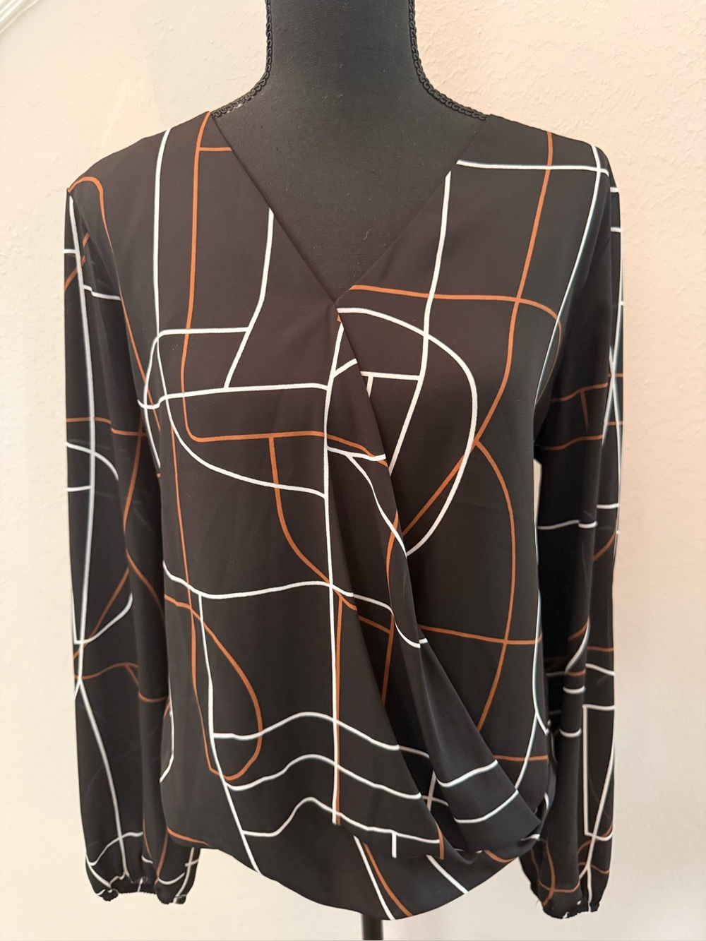 Alfani Black Geometric Print Surplice Blouse with White & Brown Lines